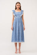 Blue Printed Ruffle Accent Midi Dress