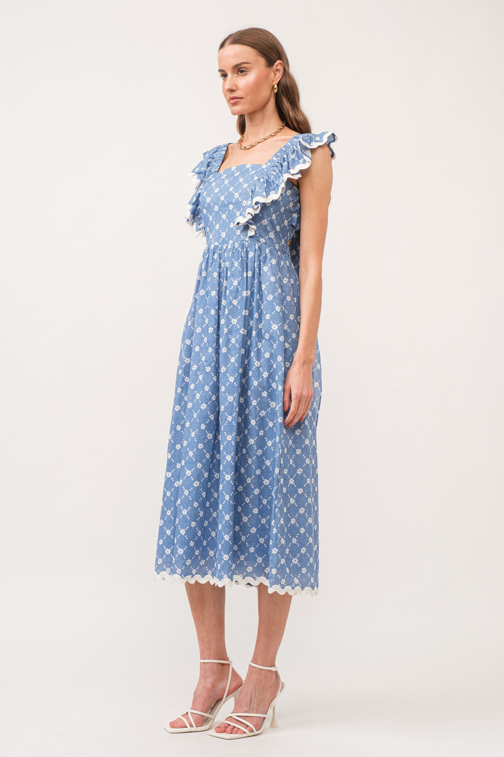 Blue Printed Ruffle Accent Midi Dress
