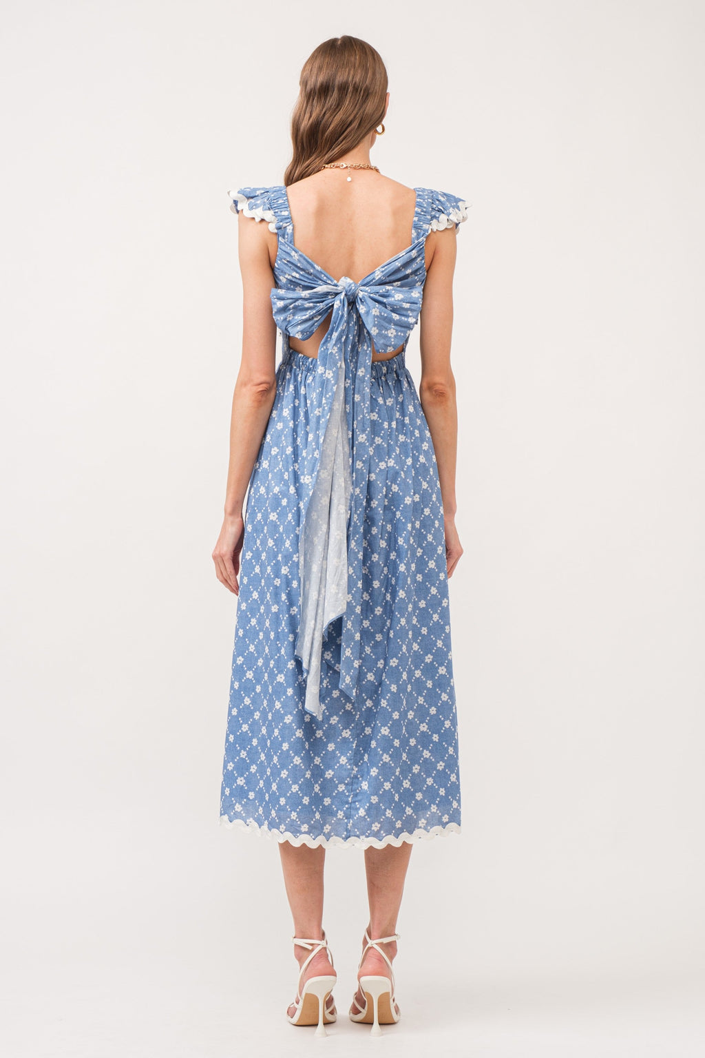 Blue Printed Ruffle Accent Midi Dress