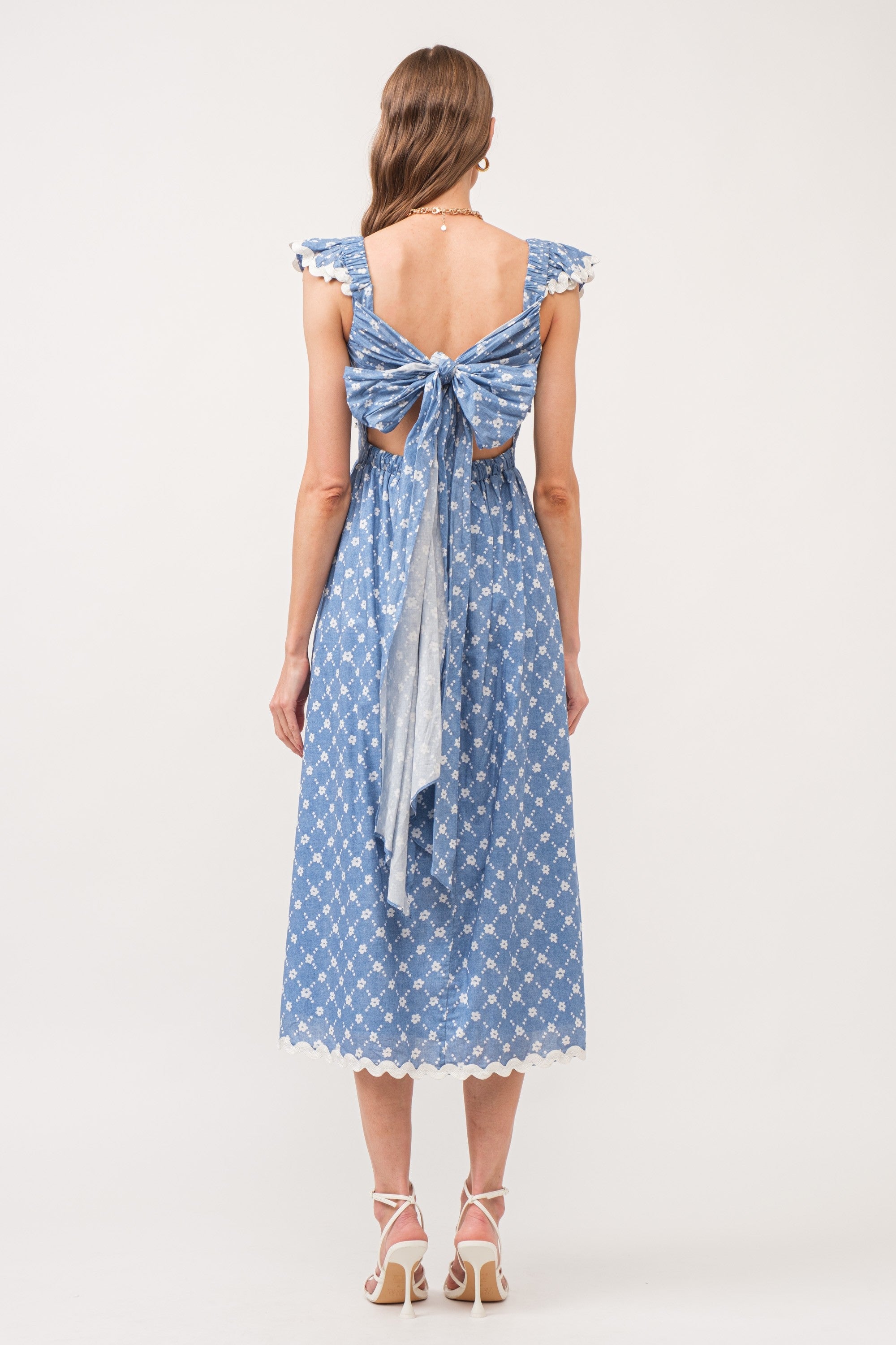 Blue Printed Ruffle Accent Midi Dress
