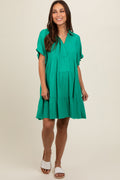 Emerald Green Tiered Linen Maternity Dress with a bohemian relaxed fit