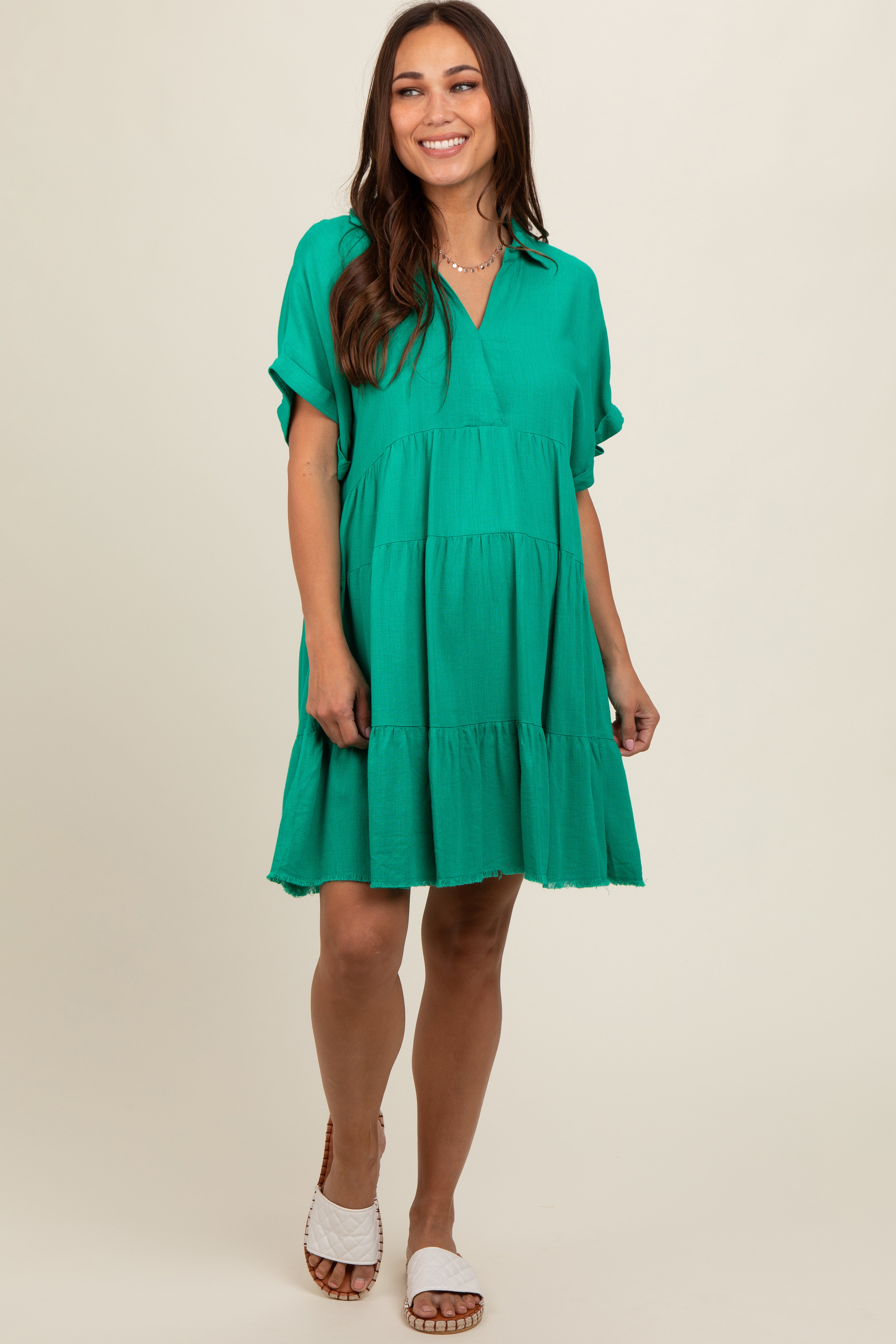 Emerald Green Tiered Linen Maternity Dress with a bohemian relaxed fit