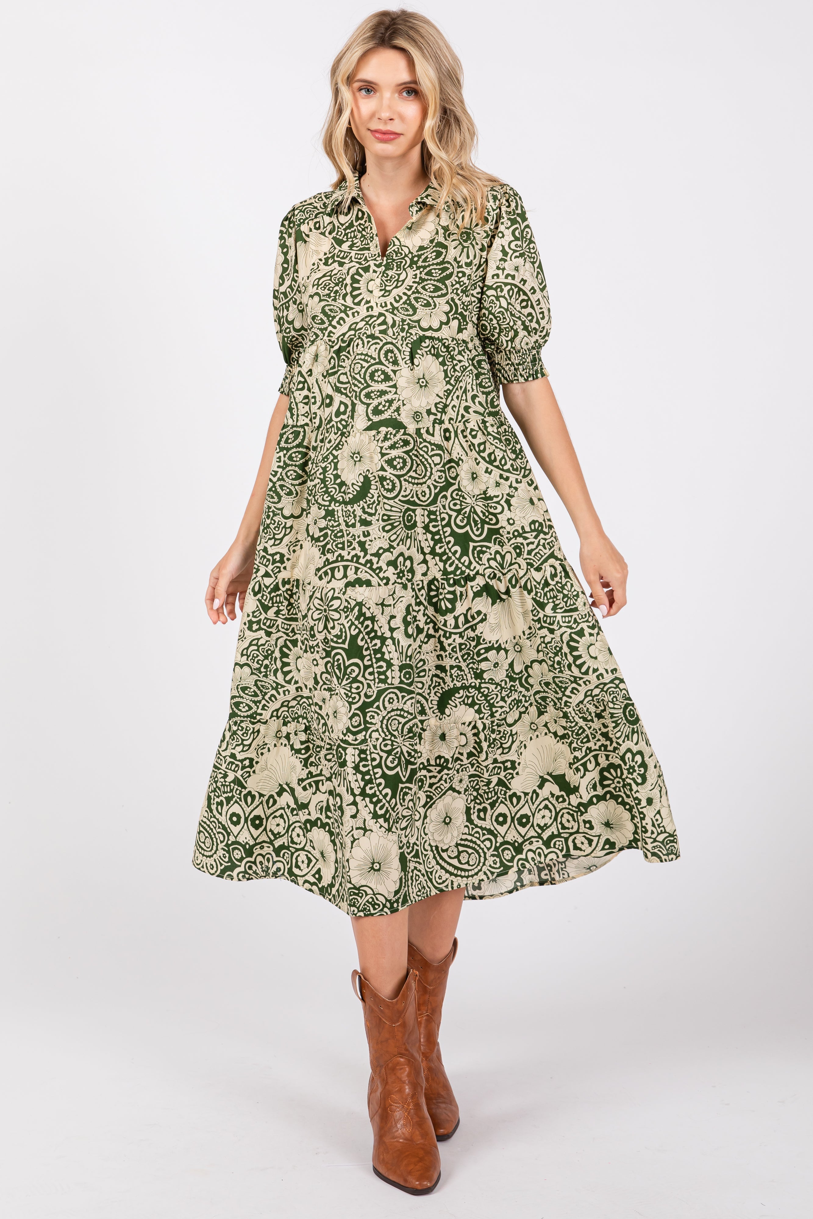 Olive Floral Collared Tiered Midi Dress with Button Detail