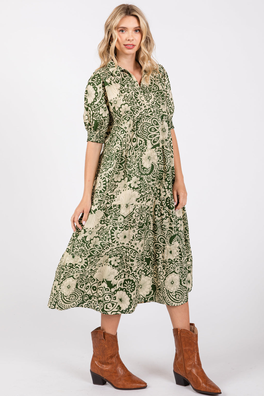 Olive green floral tiered midi dress with a collared neckline