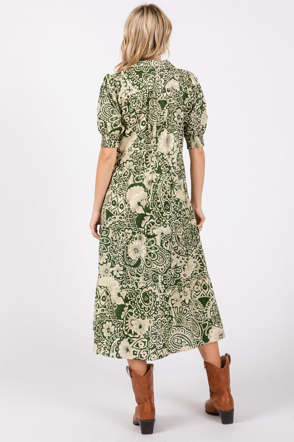 Olive Floral Collared Tiered Midi Dress with Button Detail