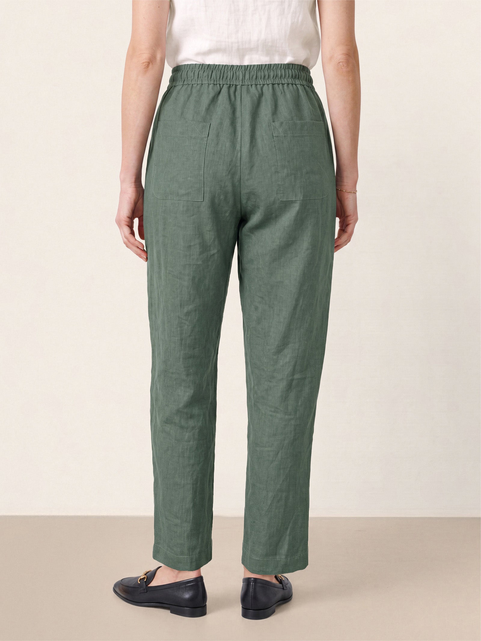 100% Linen Drawstring Utility Ankle Pants AMELINE