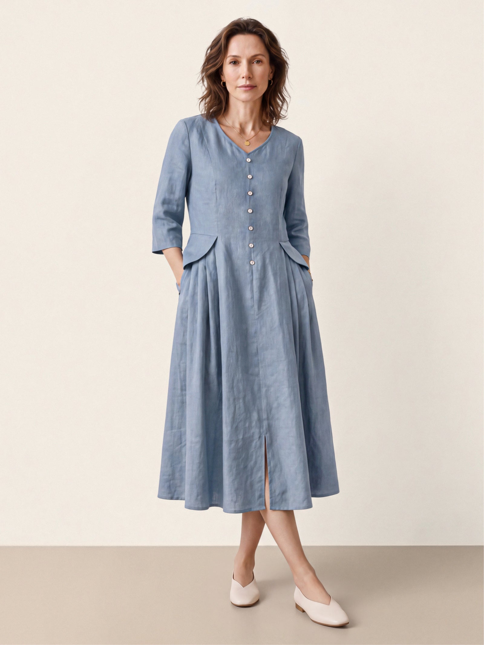 100% Linen Shell Button A Line Midi Dress ELIORA