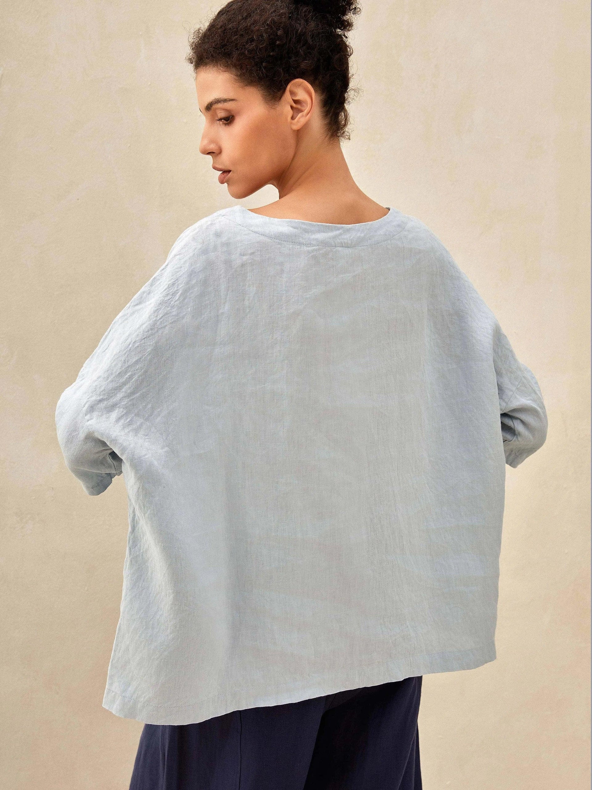 100% Linen Gingham Checked Boatneck 3/4 Length Sleeve Top AURORA