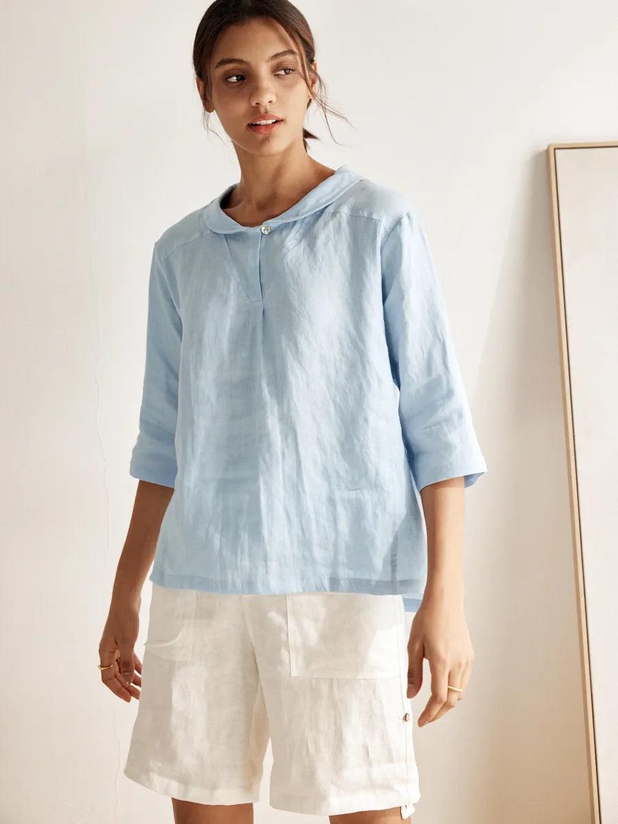 100% Linen Stripe Shawl V-Neck Half Sleeve Top JADE