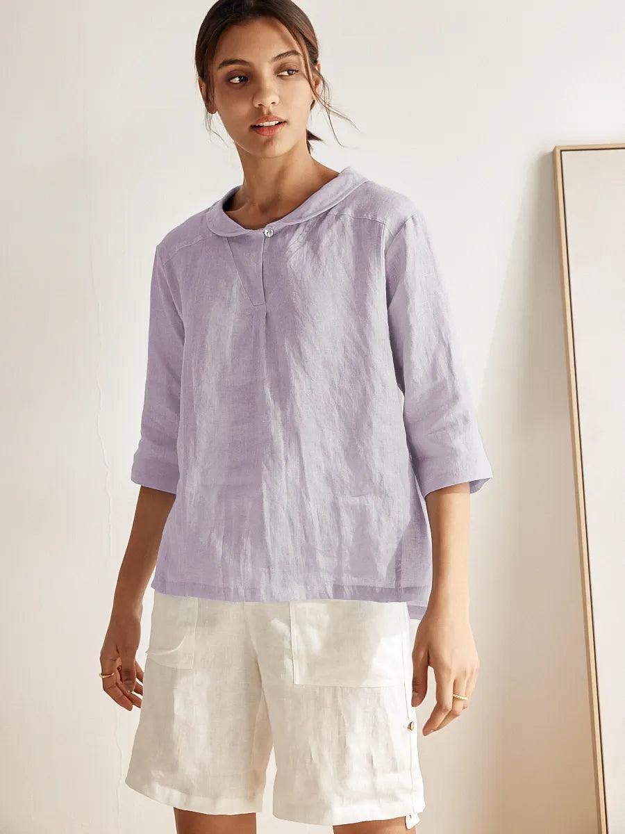 100% Linen Stripe Shawl V-Neck Half Sleeve Top JADE