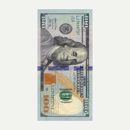A rectangular beach towel featuring a detailed $100 bill graphic print.