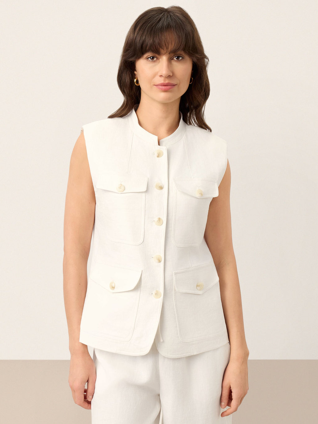 100% Linen Four-Pocket Tailored Sleeveless Vest COSIMA