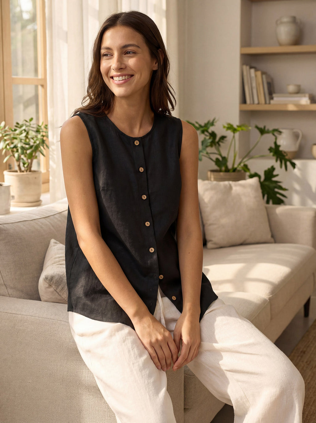 100% Linen Sleeveless Button Down Tank Top for Summer