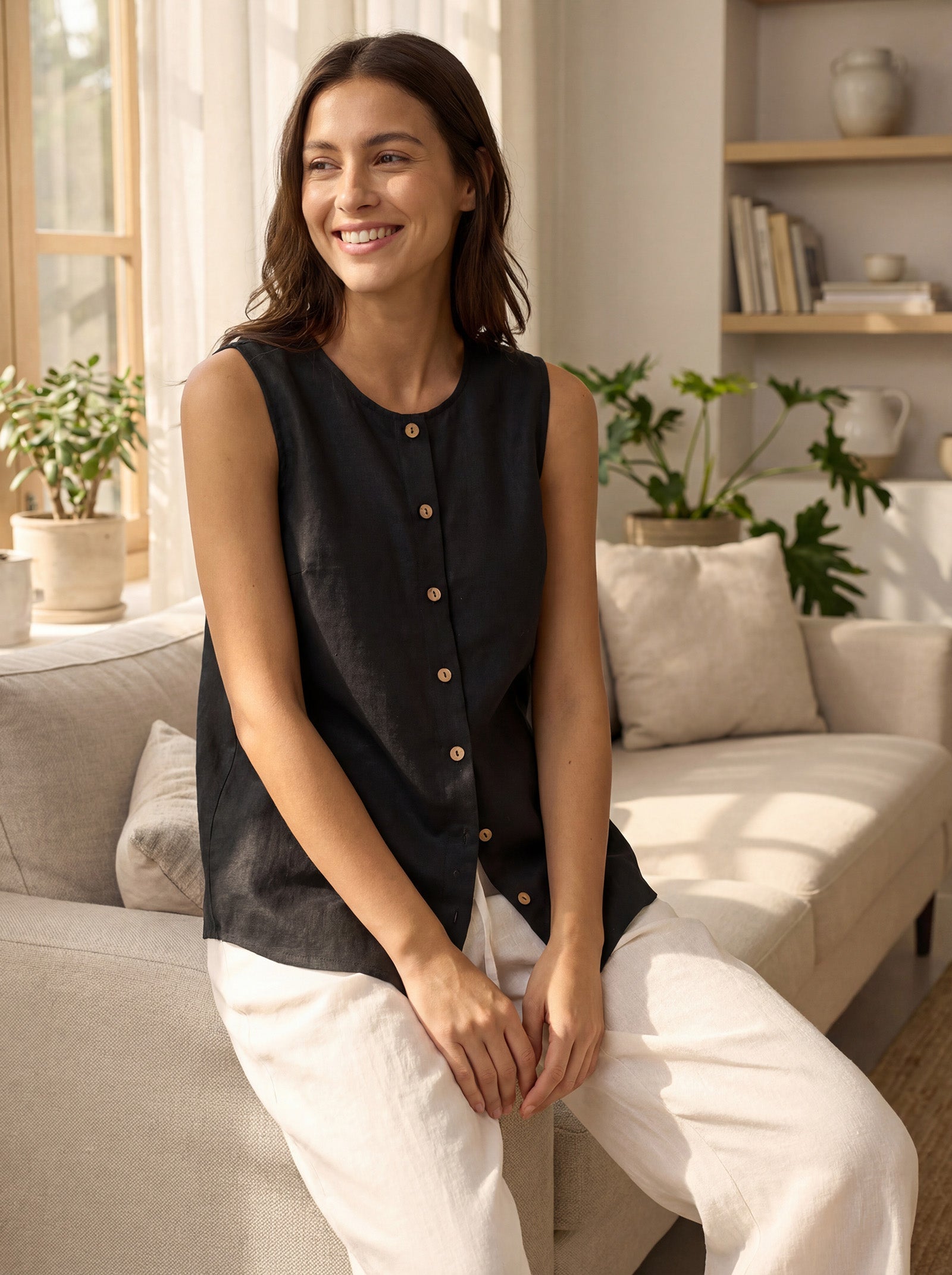 100% Linen Sleeveless Button Down Tank Top for Summer