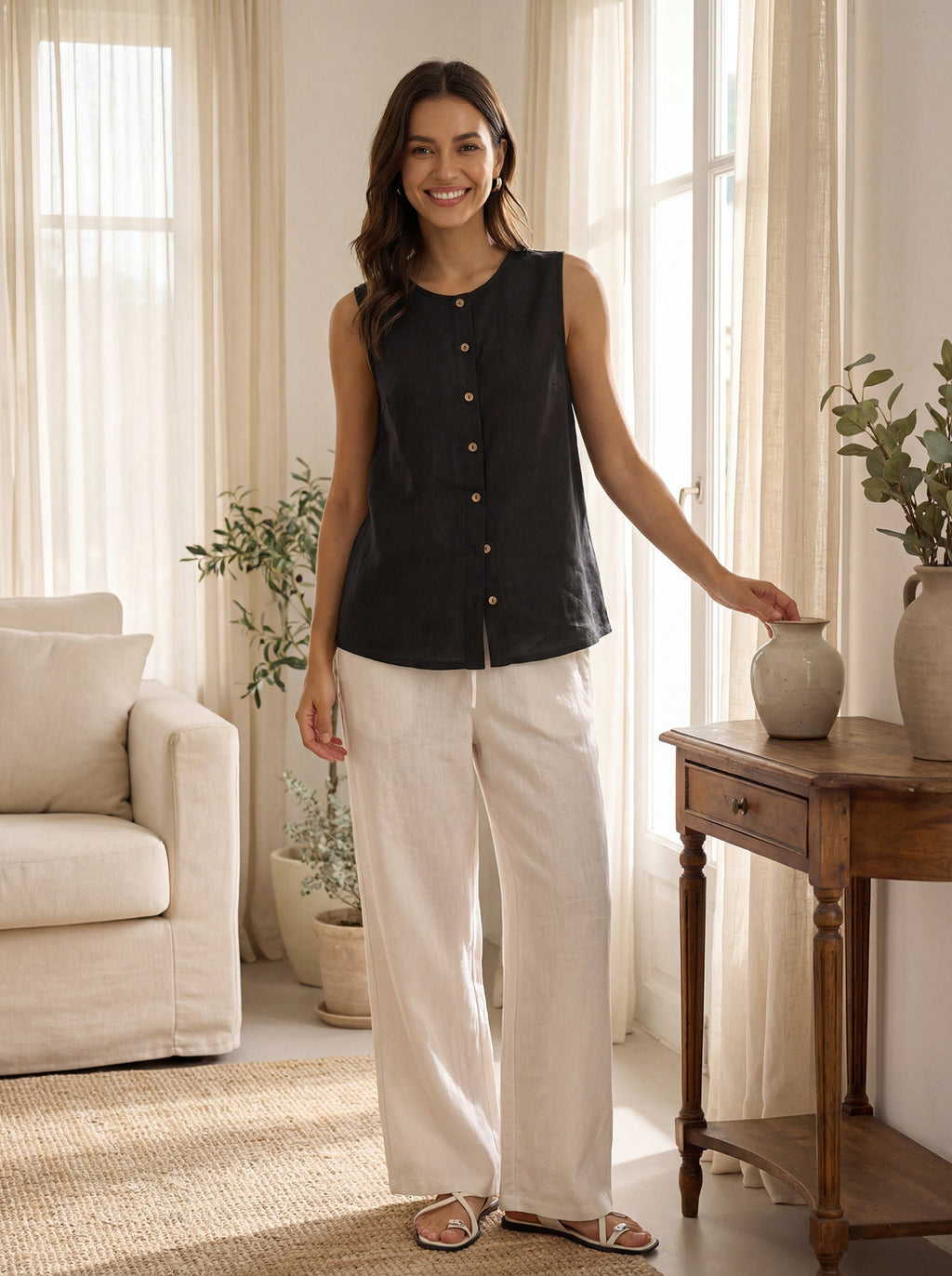 100% Linen Sleeveless Button Down Tank Top for Summer