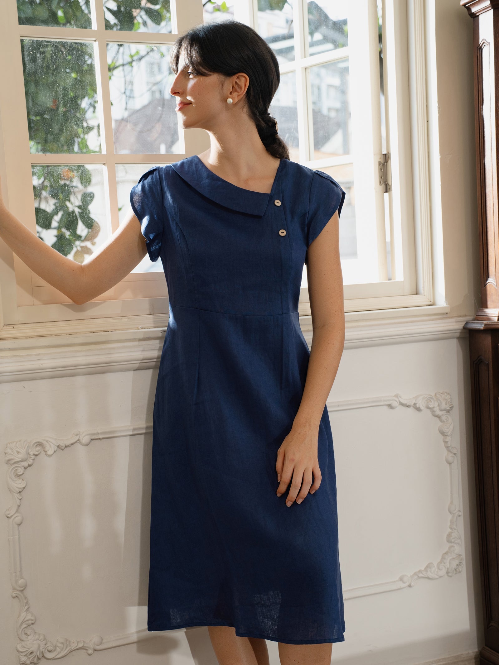 100% Linen Crescent Collar Flutter Sleeve Midi Dress FIONA