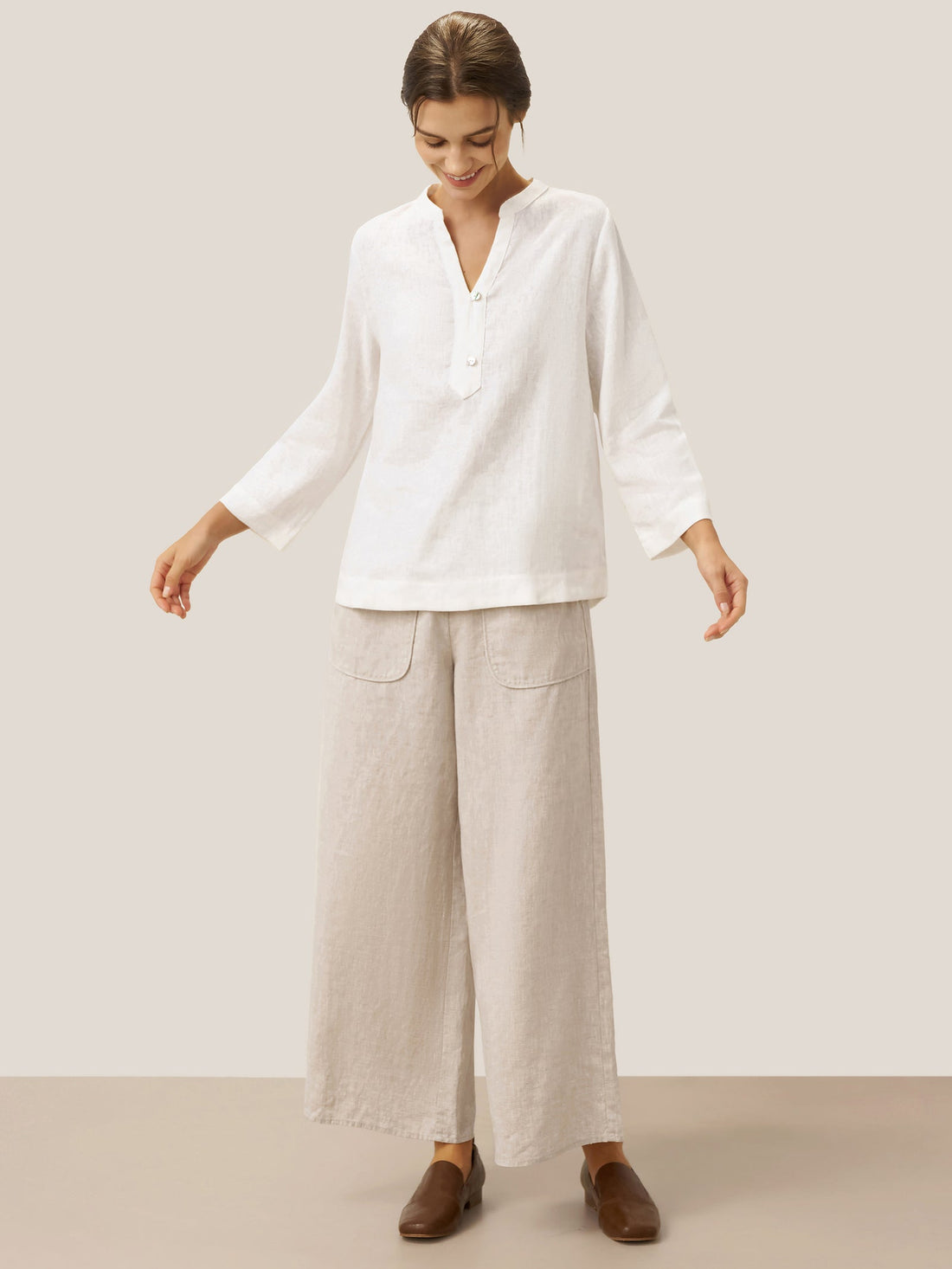 100% Linen Deep V-Neck Pullover with Button-Trim JOLYNE