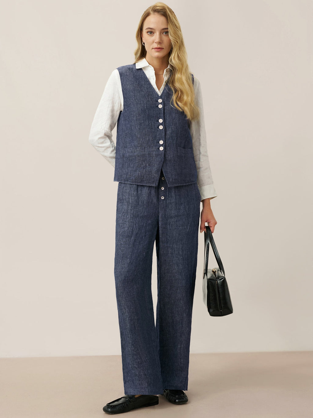 100% Linen Denim Texture Elastic Waist Straight Leg Pants HAZEL