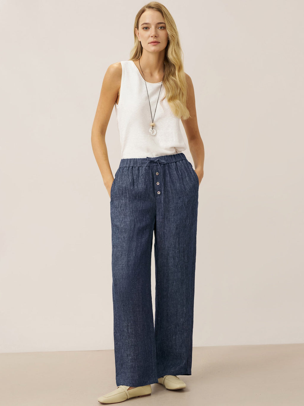 100% Linen Denim Texture Elastic Waist Straight Leg Pants HAZEL