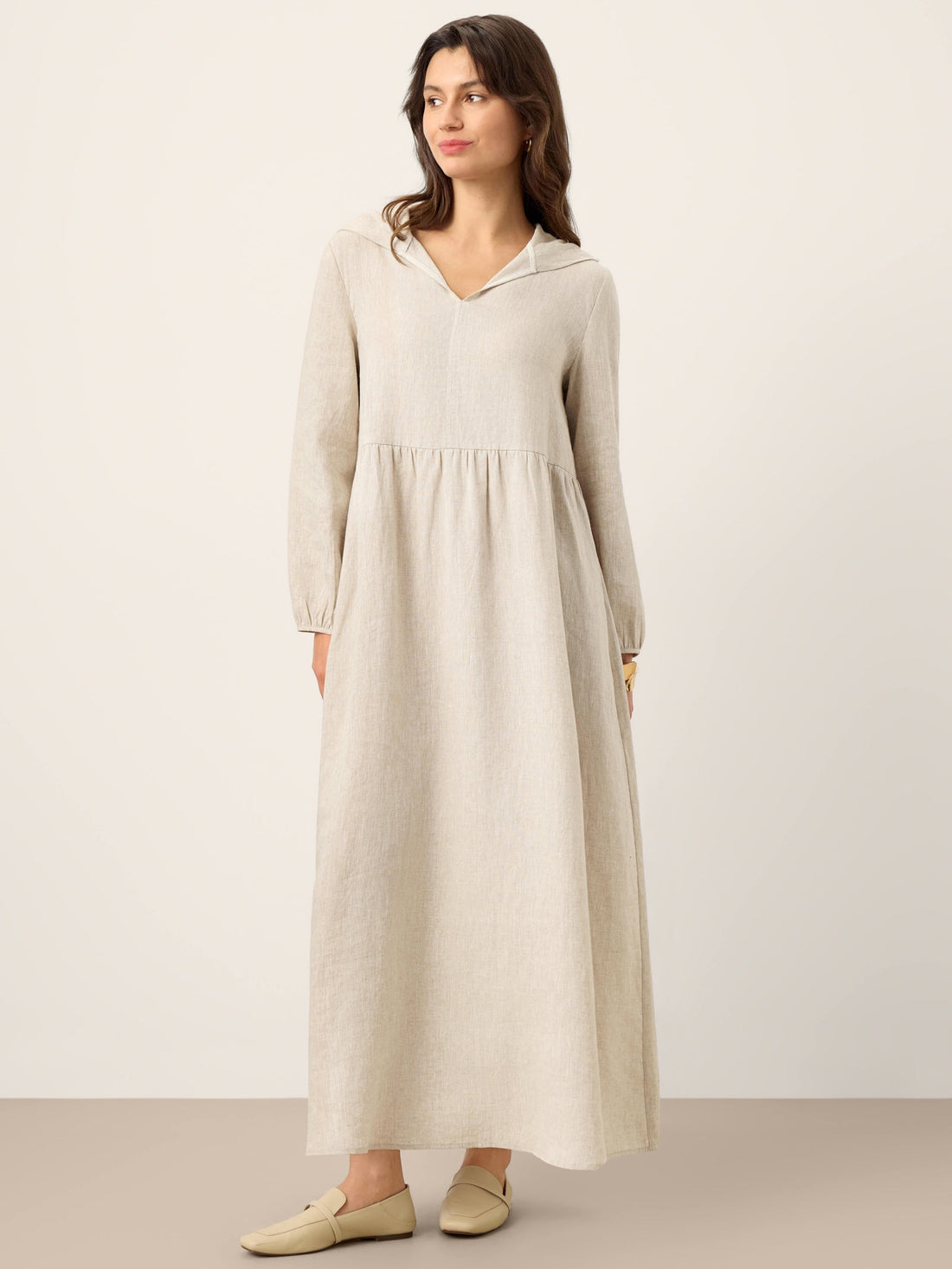100% Linen Sculpted-Hood Caftan Maxi Dress LINETTE