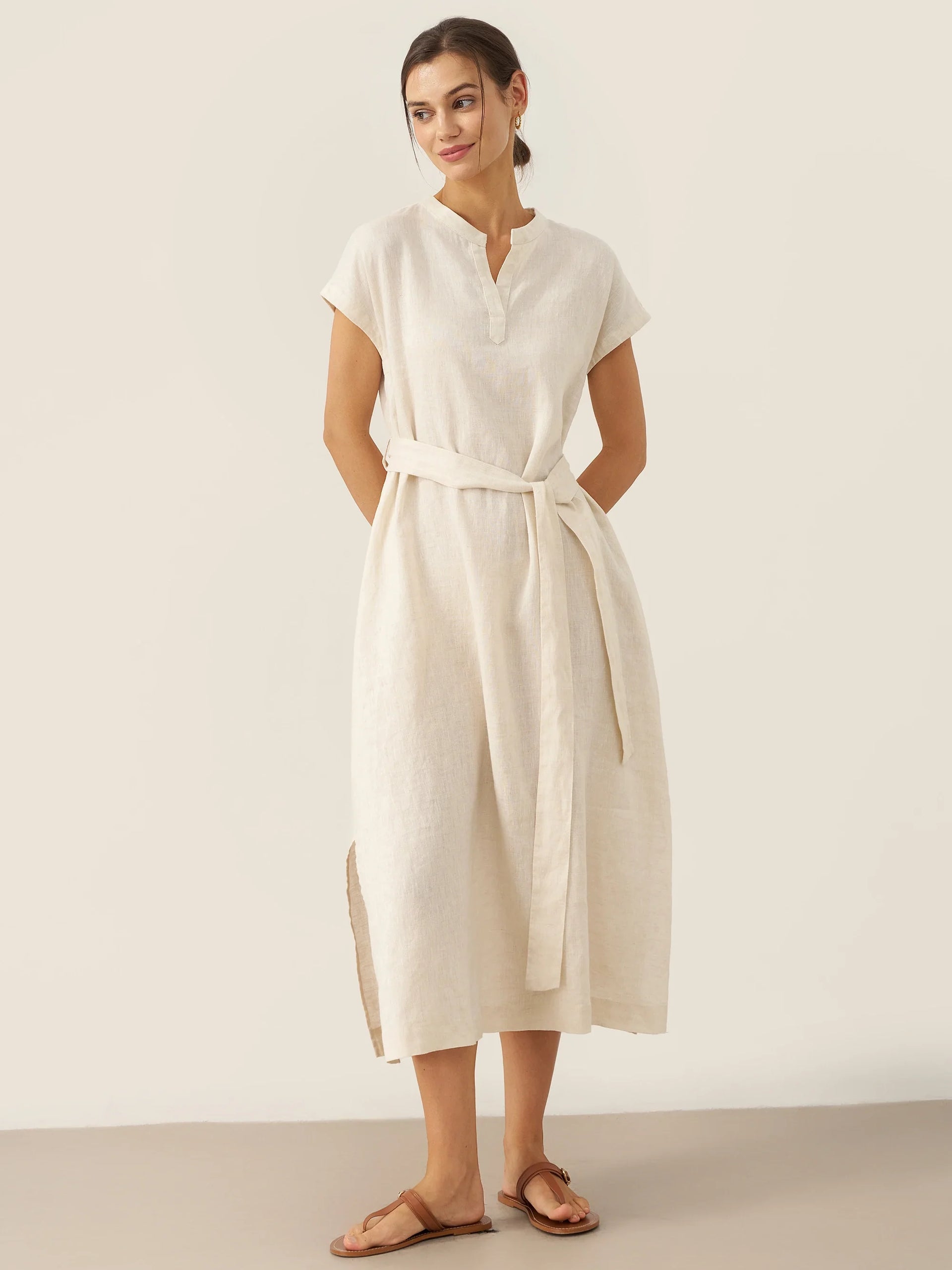 100% Linen Mandarin Collar Maxi Dress with Detachable Belt MARGARET