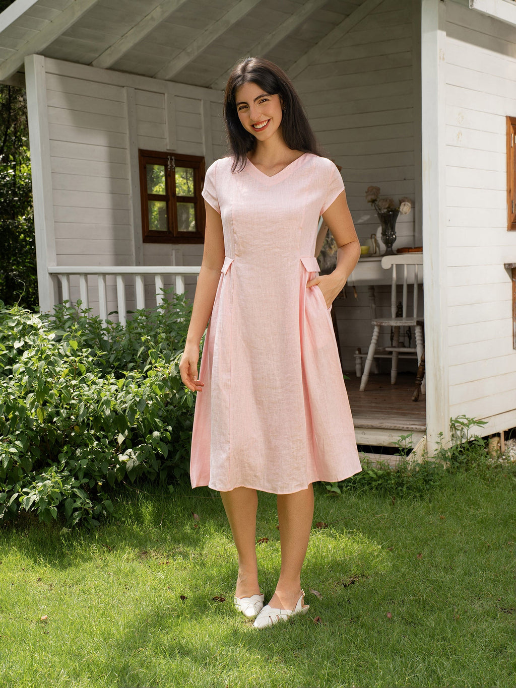 100% Linen Natural Summer V-Neck Dress ALEXA