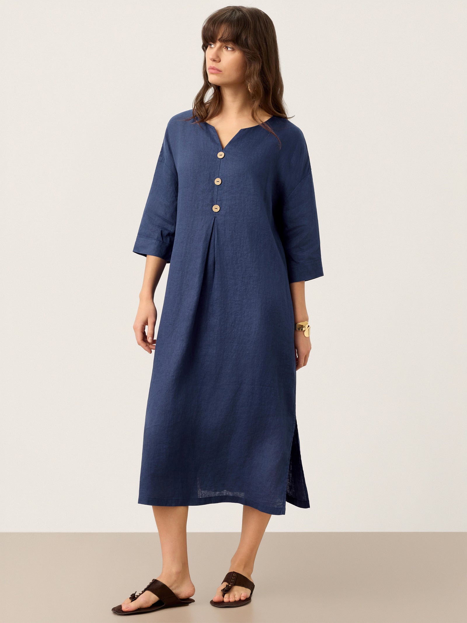 100% Linen Notch Neck Inverted Pleat Maxi Dress MATILDE