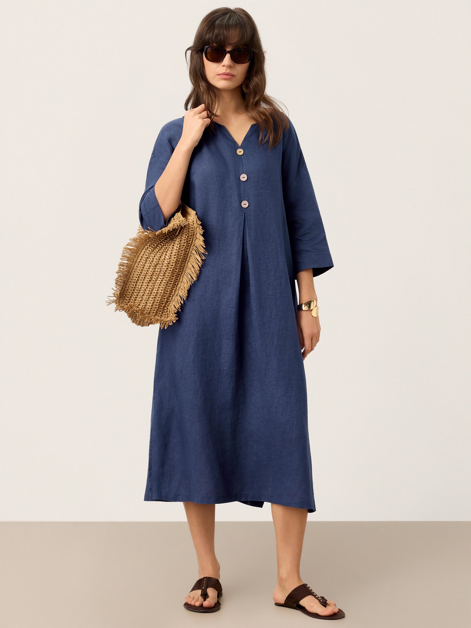 100% Linen Notch Neck Inverted Pleat Maxi Dress MATILDE