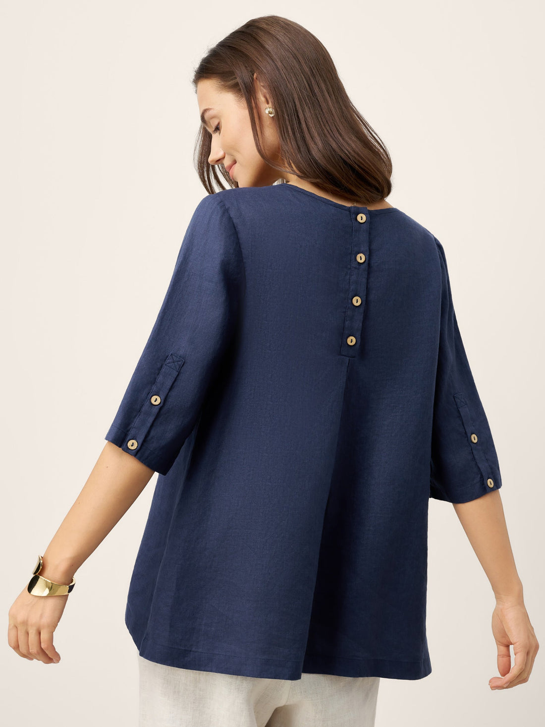 100% Linen Relaxed Back Button Top with Tab Sleeves SYLVANA