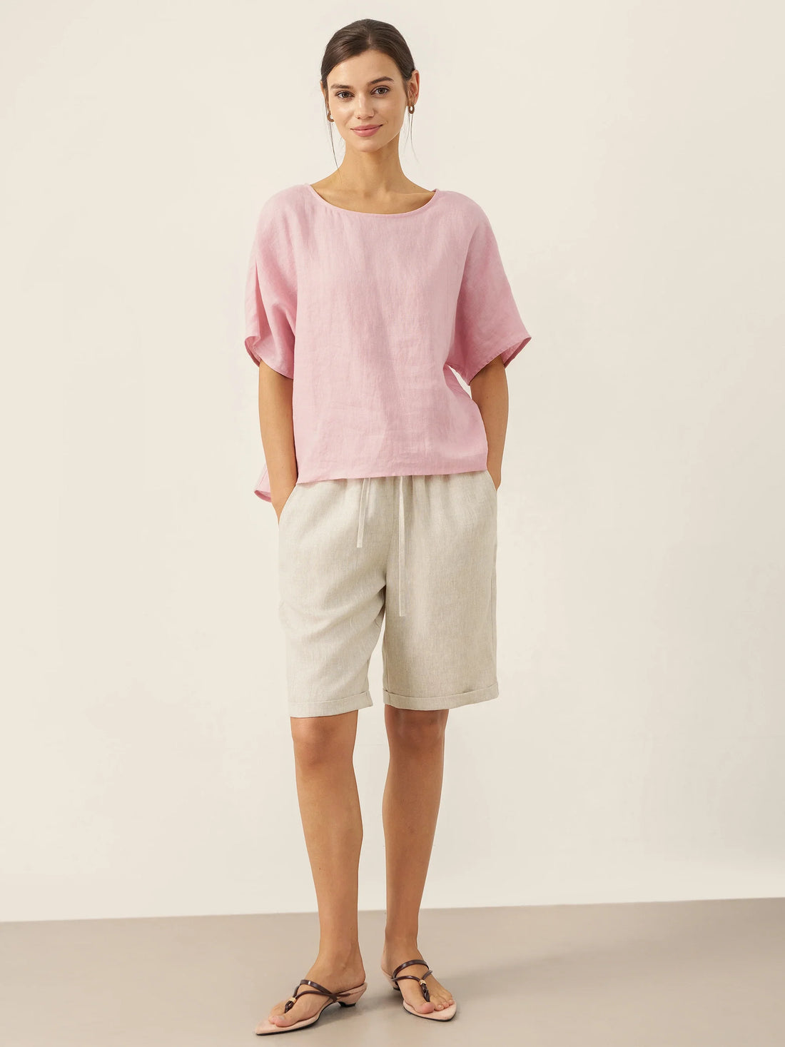 100% Linen Elastic Drawstring Waist Capri Pants XIMENA