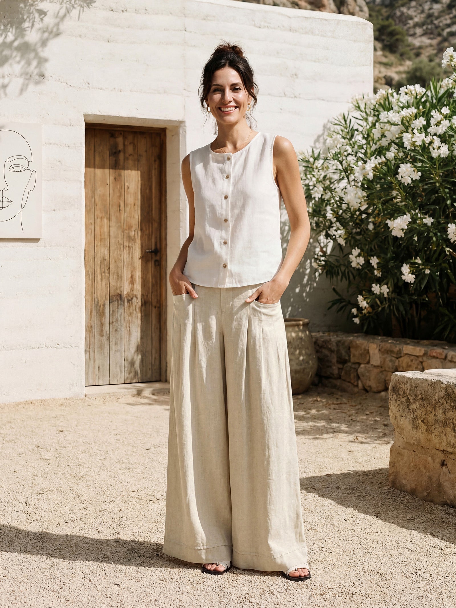 100% Linen Sculpted Pleat Pants with Elasticated Back