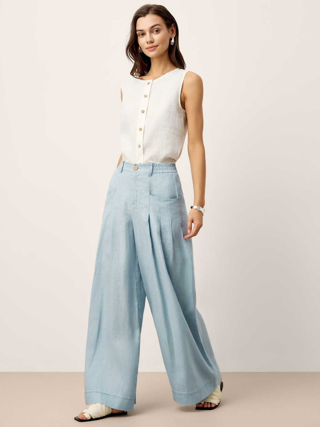 100% Linen Sculpted Pleat Pants with Elasticated Back