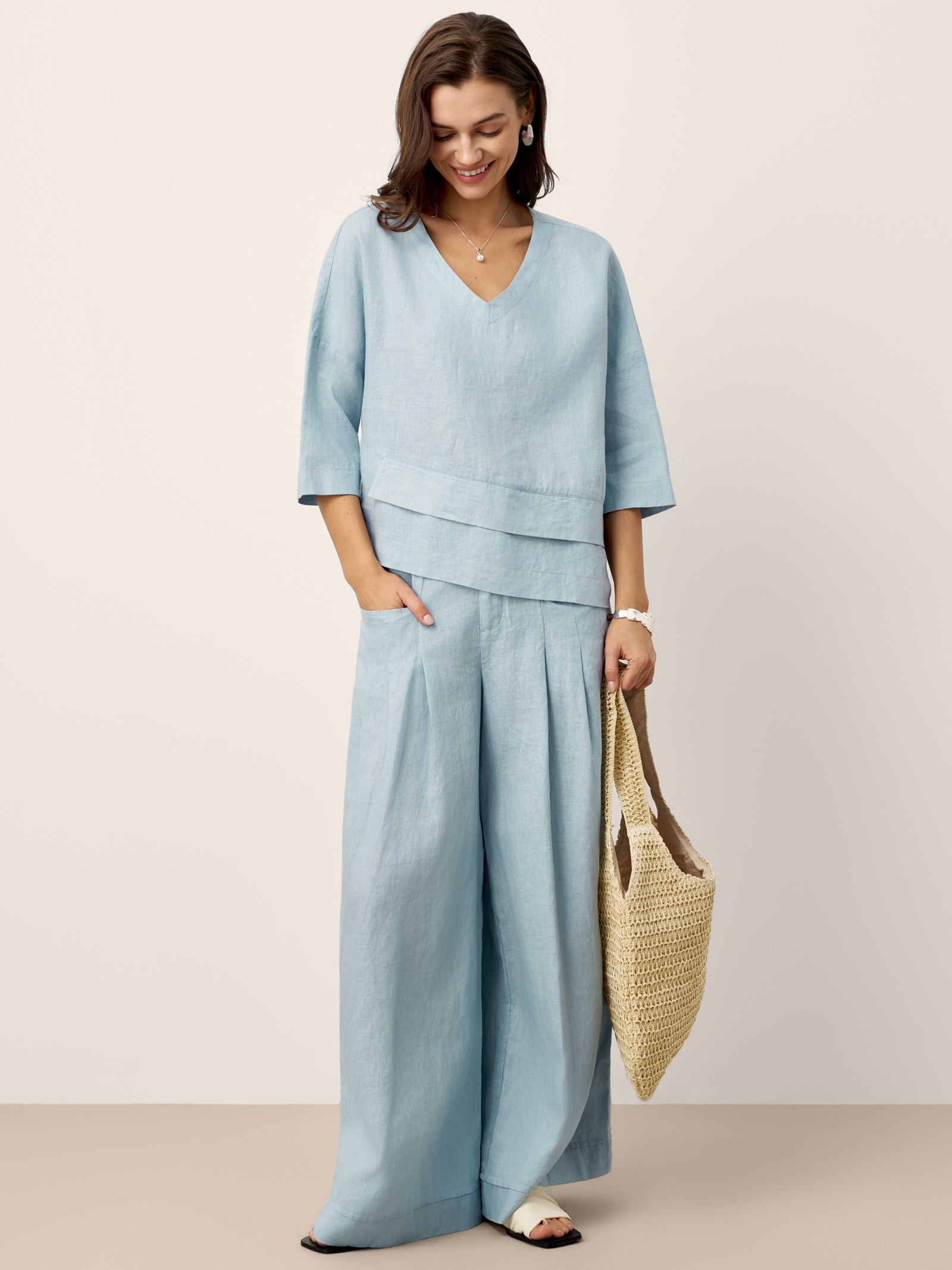 100% Linen Sculpted Pleat Pants with Elasticated Back