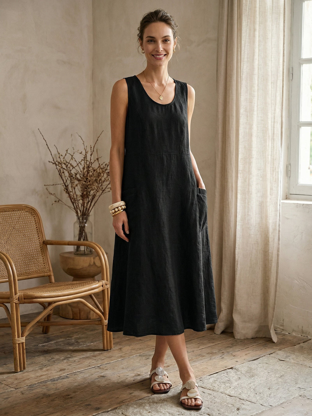 100% Linen Scoop Neck Swing Beach Maxi Dress - Sleeveless