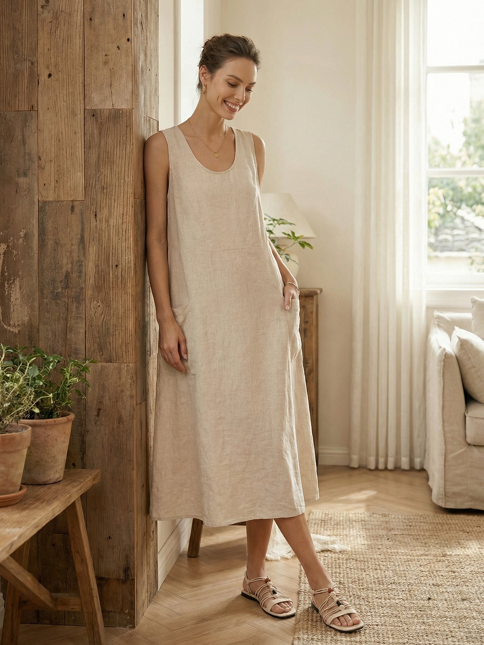 100% Linen Scoop Neck Swing Beach Maxi Dress - Sleeveless