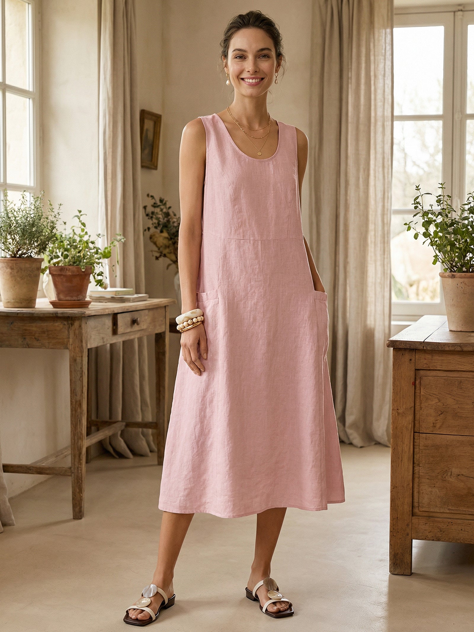 100% Linen Scoop Neck Swing Beach Maxi Dress - Sleeveless