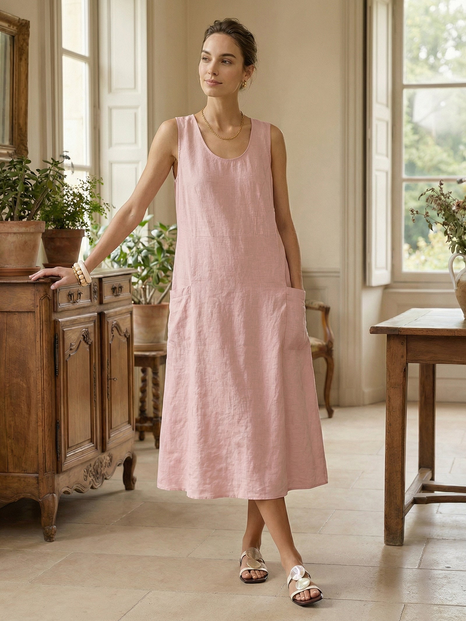 100% Linen Scoop Neck Swing Beach Maxi Dress - Sleeveless