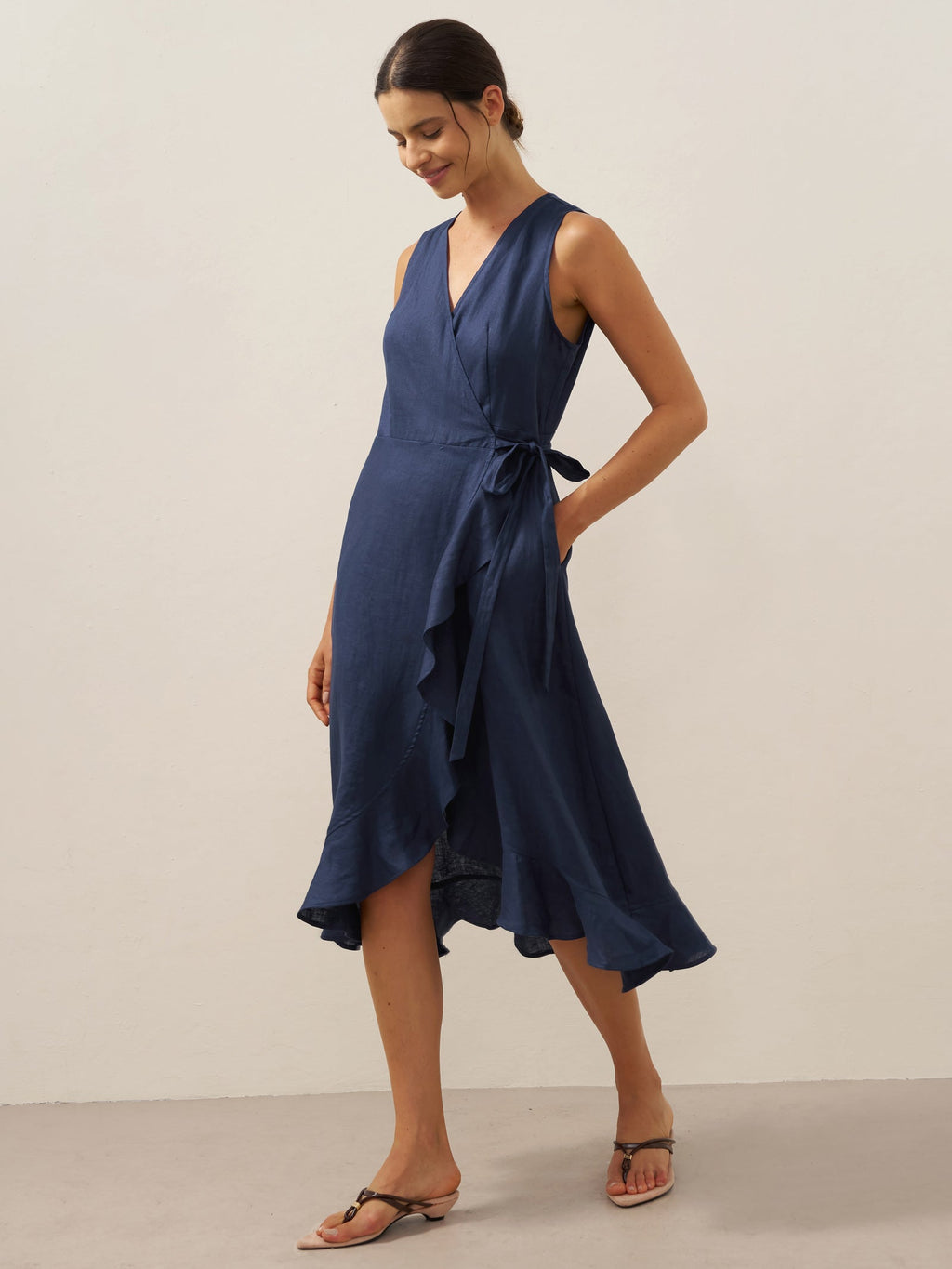 100% Linen V-Neck One-Piece Ruffle Hem Maxi Dress MAYA