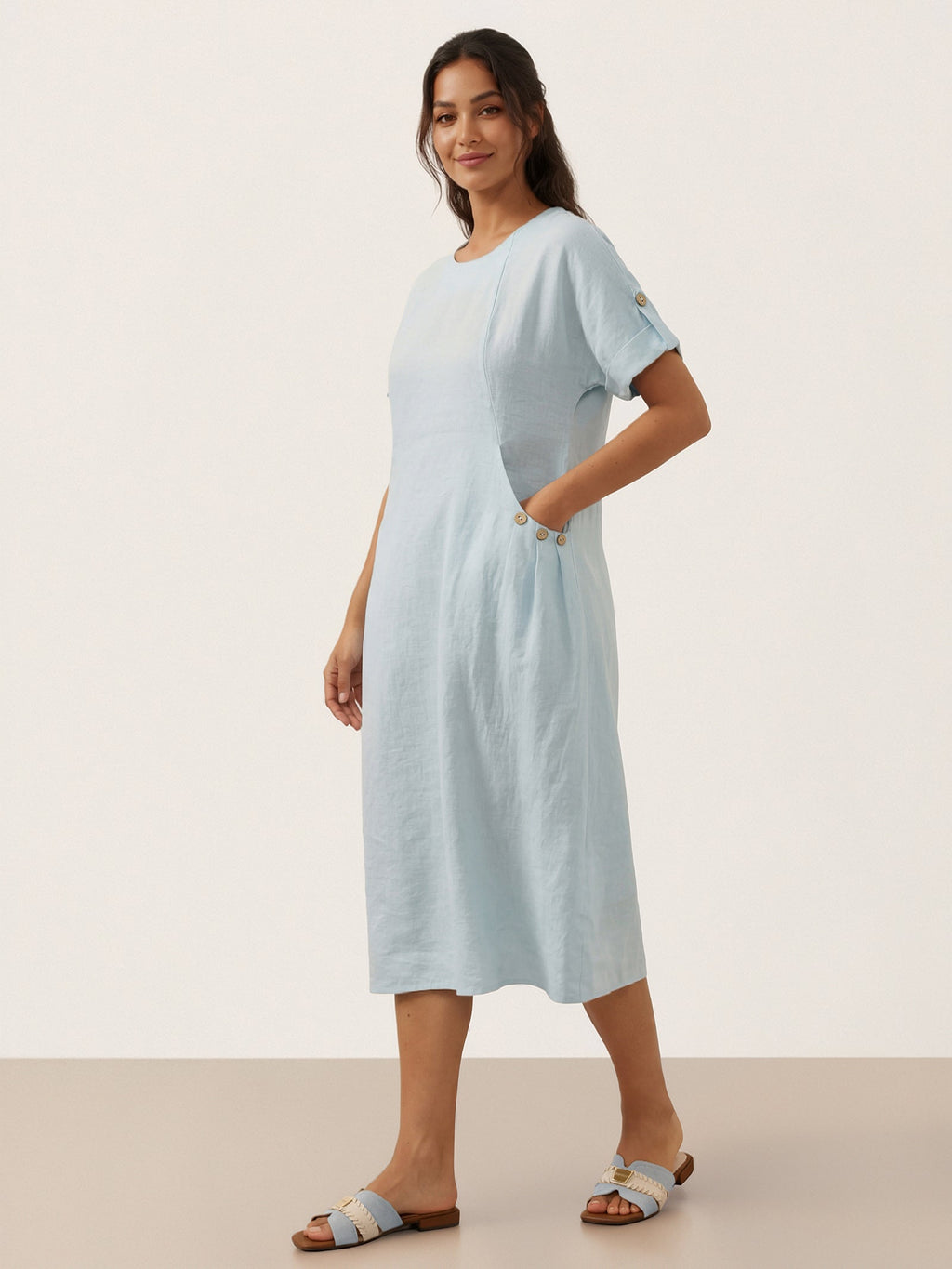 100% Linen Vintage A-Line Button Detail Maxi Dress AMIN