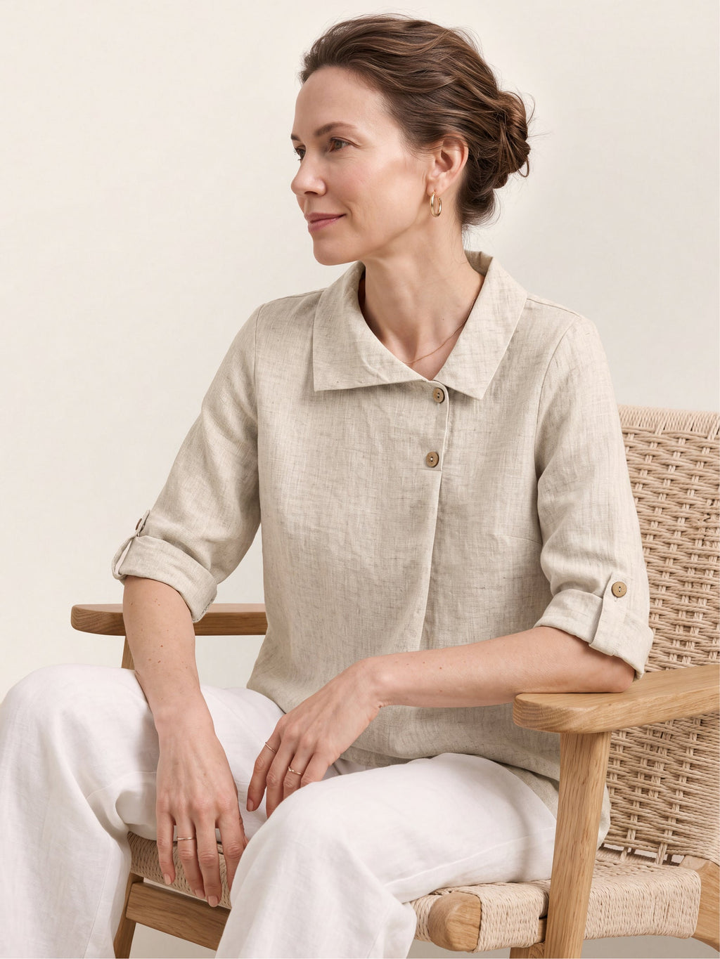 100% Linen Asymmetric Button Placket Shirt CLARISSA