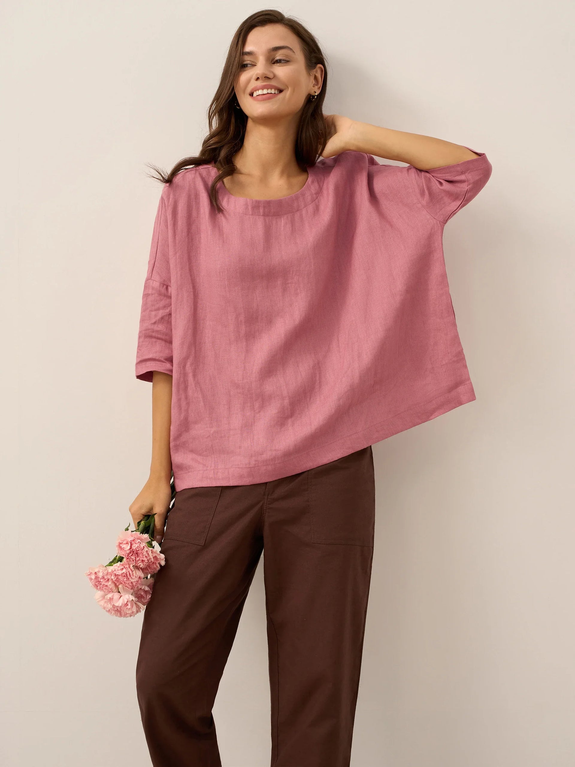 100% Linen Boatneck 3/4 Length Sleeve Top AURORA