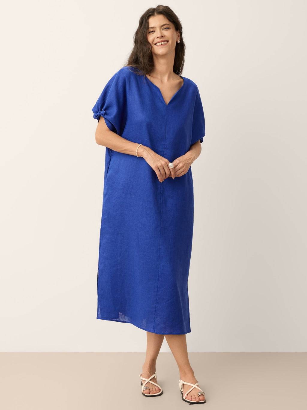 100% Linen Bow-Tie Cuff Split-Hem Midi Dress with Straight Fit