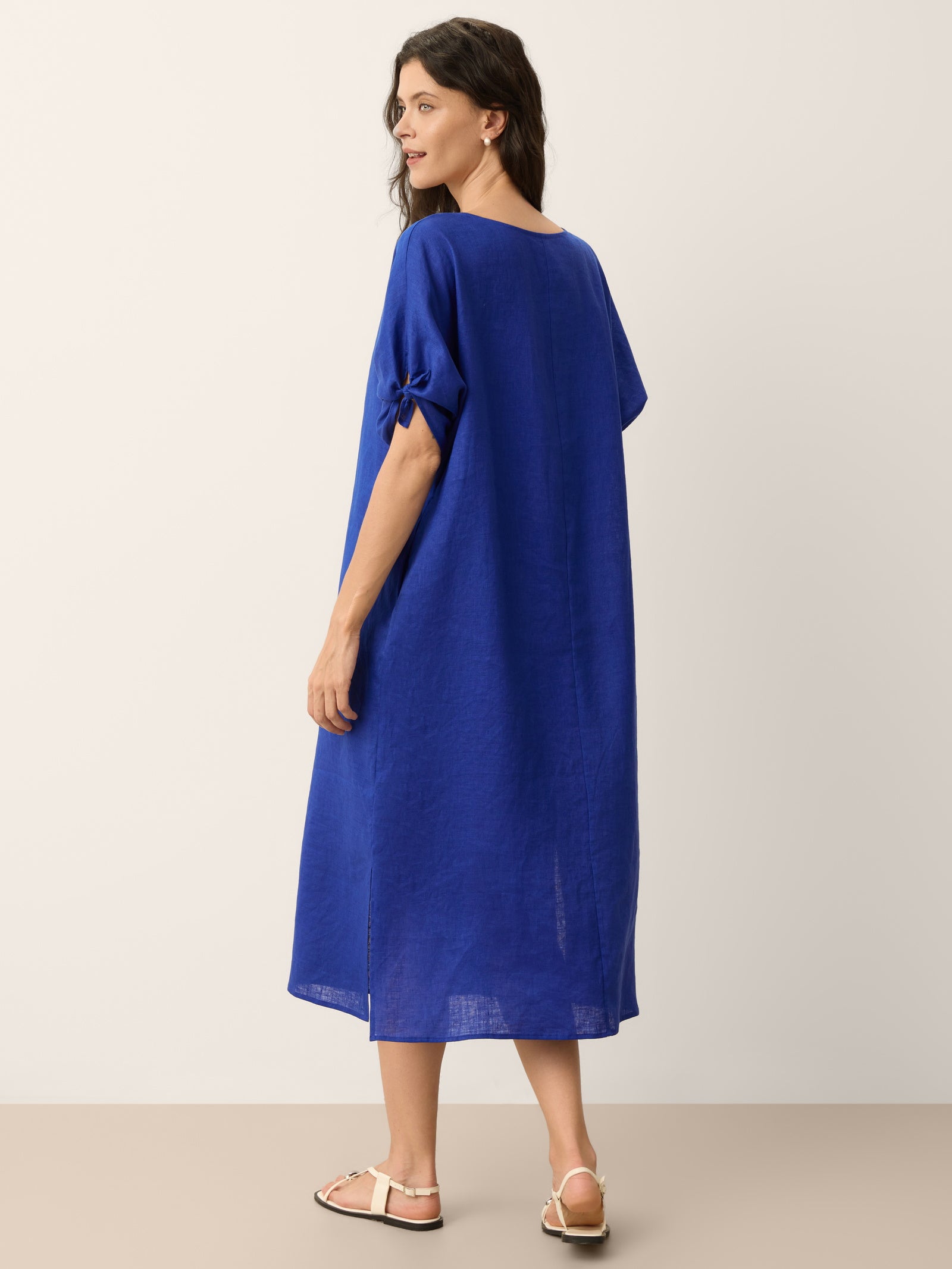 100% Linen Bow-Tie Cuff Split-Hem Midi Dress with Straight Fit