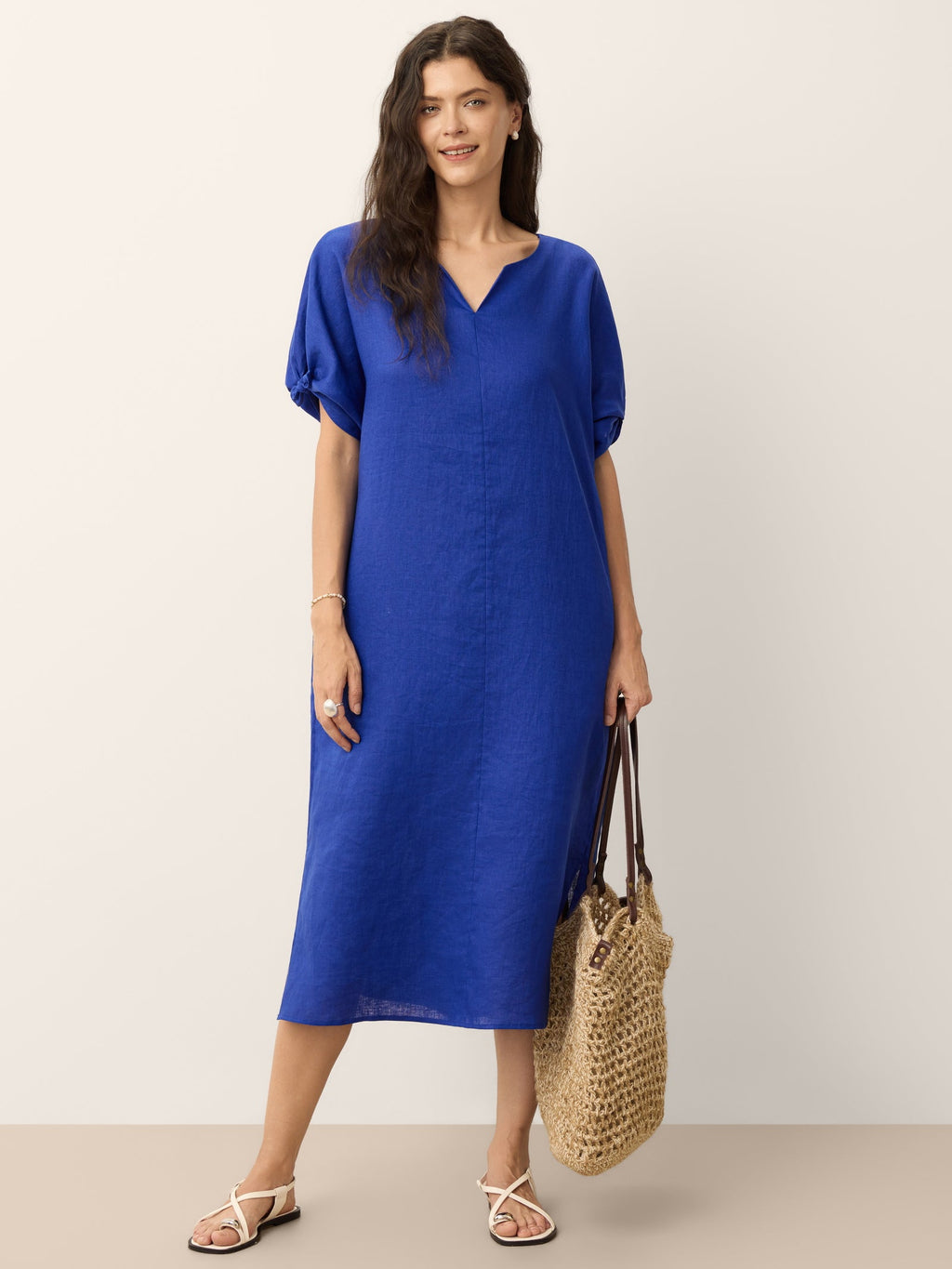 100% Linen Bow-Tie Cuff Split-Hem Midi Dress with Straight Fit