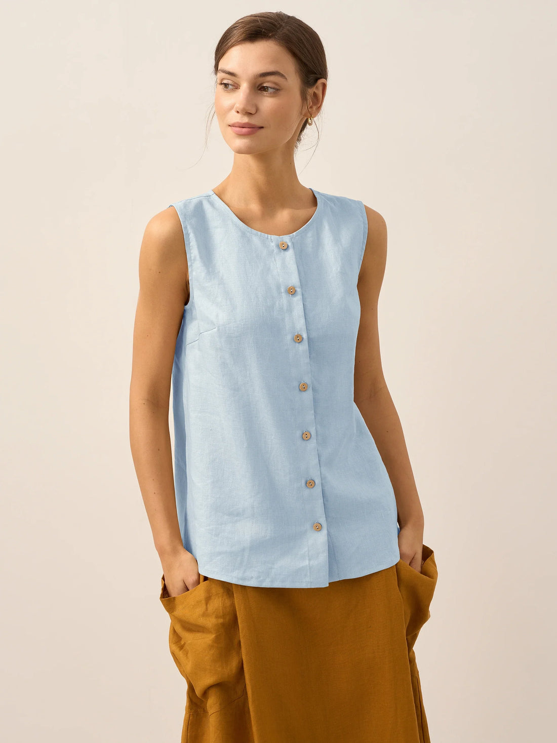 100% Linen Sleeveless Button Down Tank Top for Summer