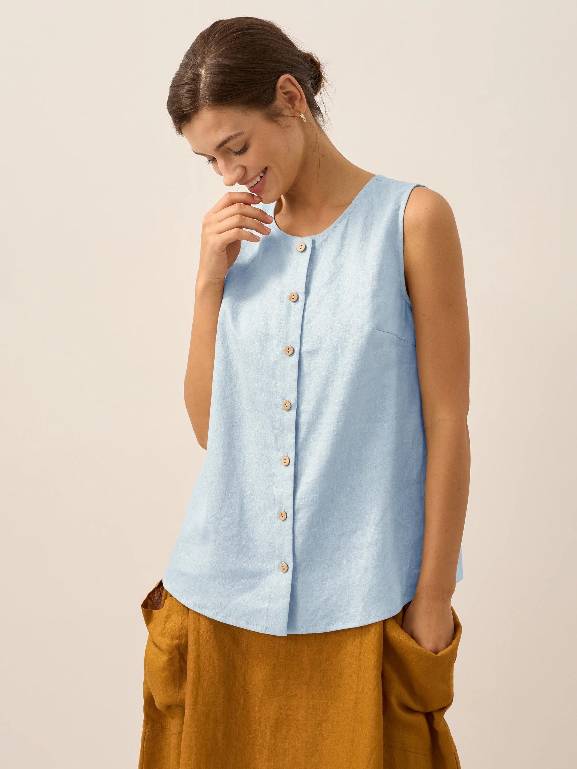100% Linen Sleeveless Button Down Tank Top for Summer