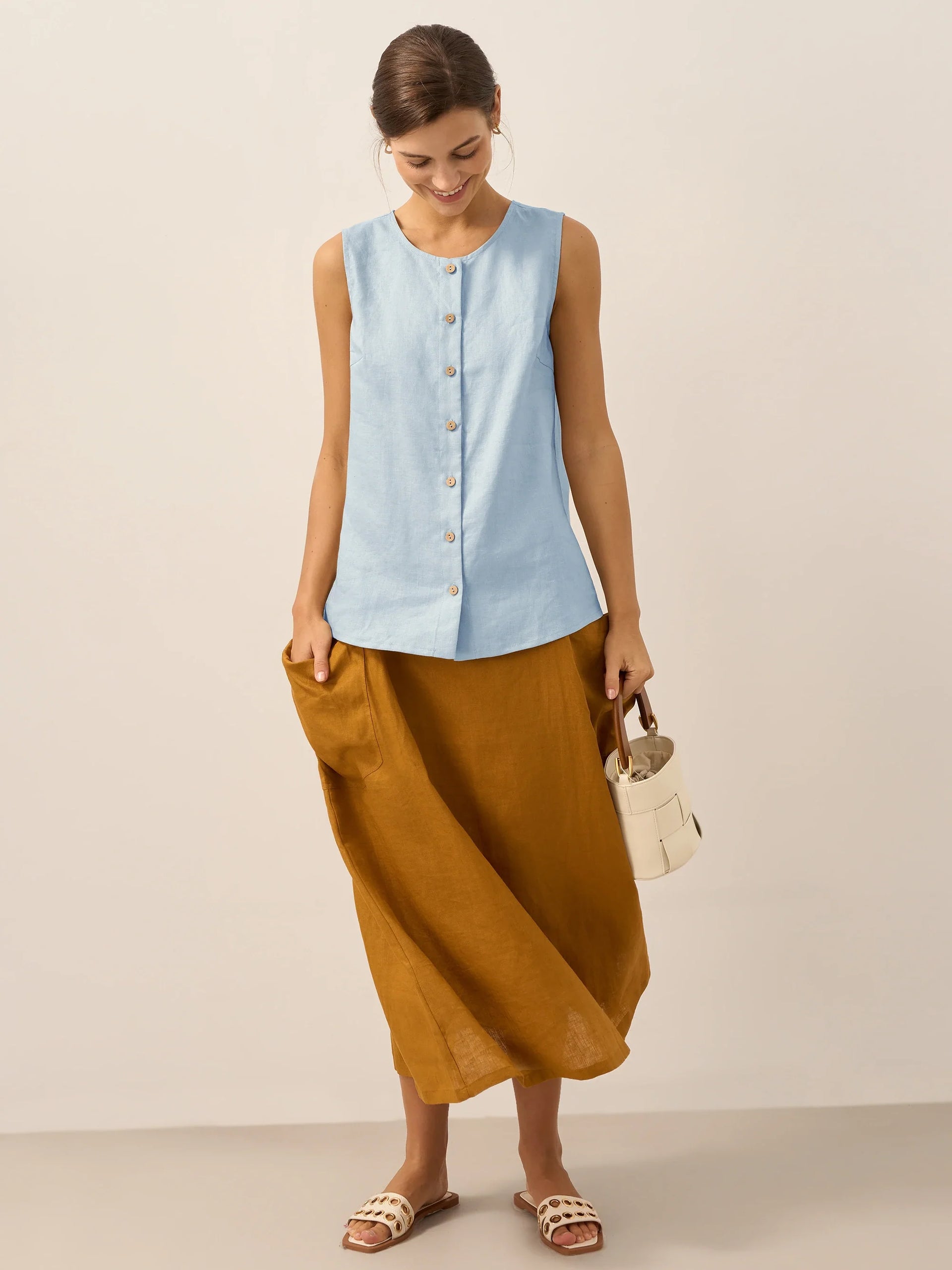 100% Linen Sleeveless Button Down Tank Top for Summer