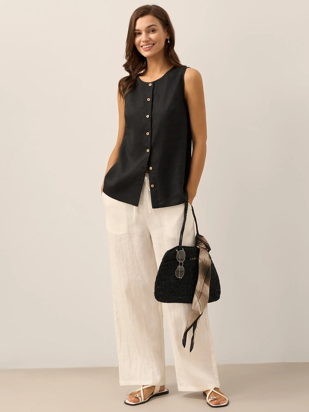 100% Linen Sleeveless Button Down Tank Top for Summer