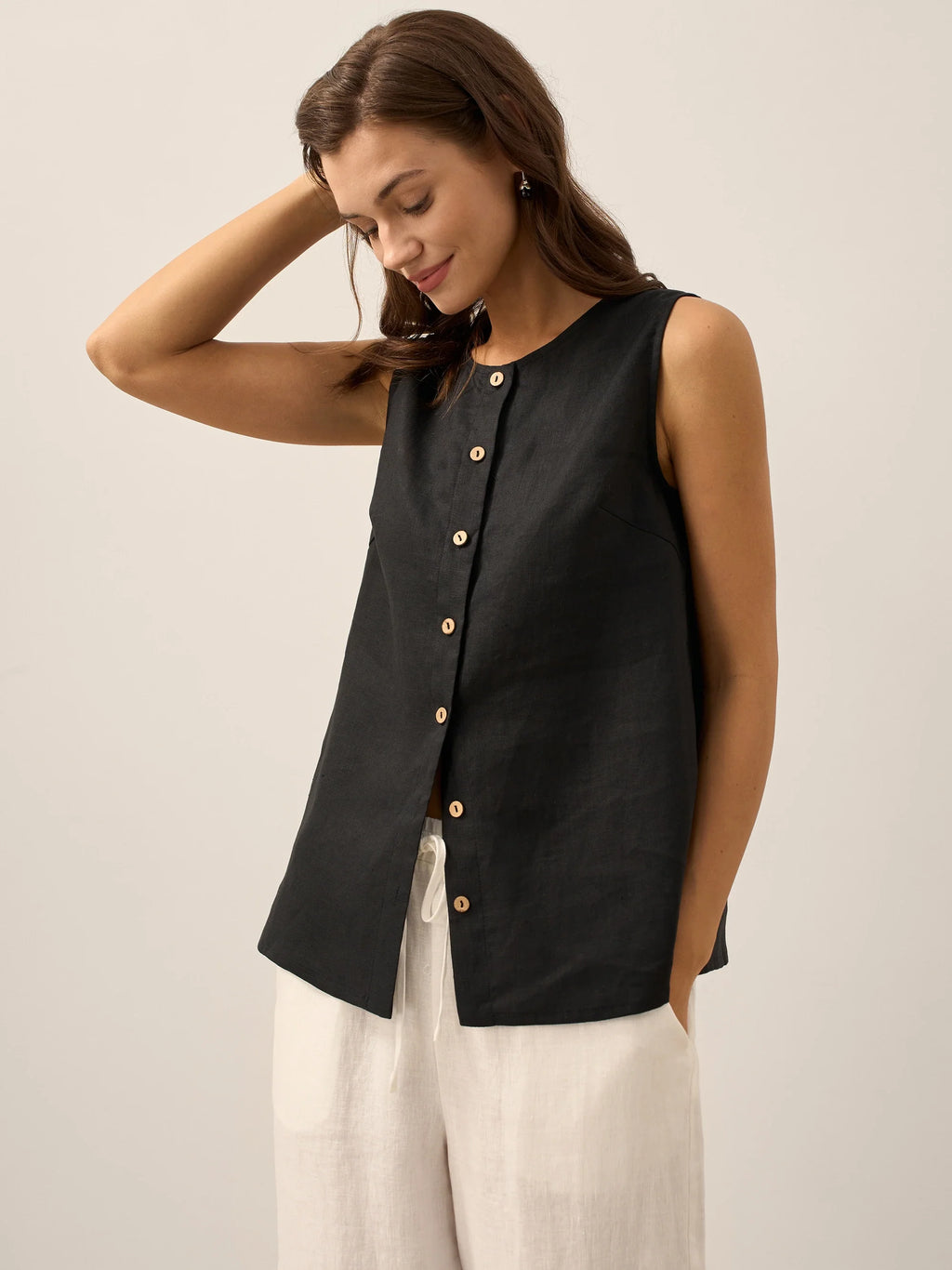 100% Linen Sleeveless Button Down Tank Top for Summer