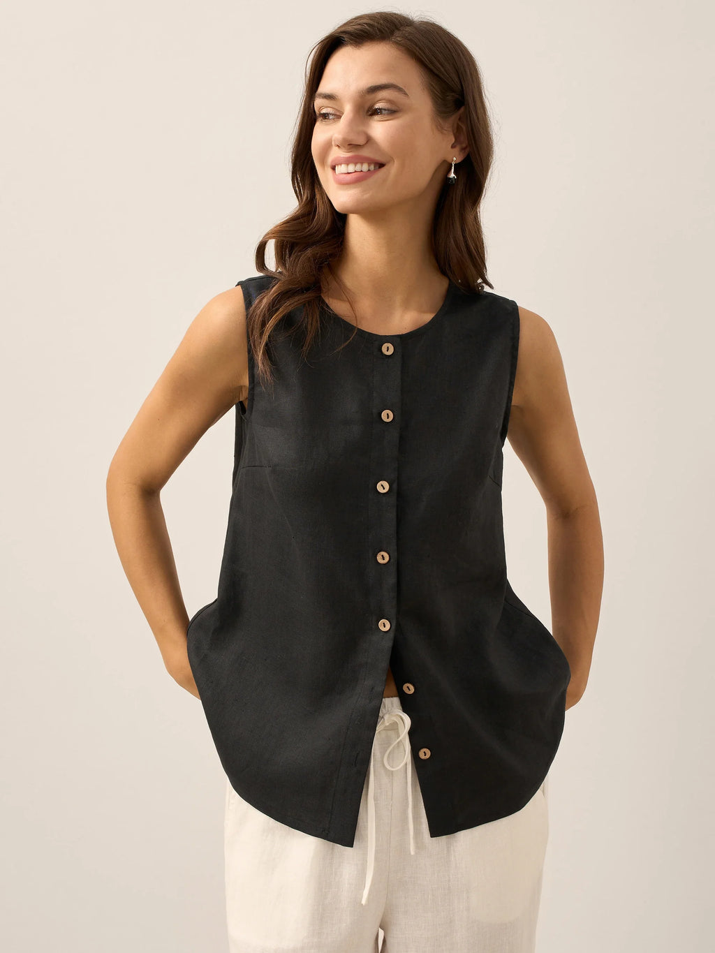 100% Linen Sleeveless Button Down Tank Top for Summer